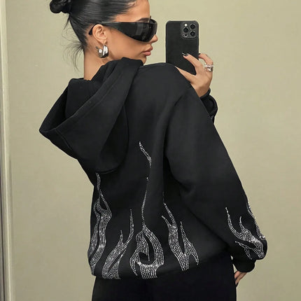 Autumn and Winter Y2K Trend Street Flame Hot Drill Loose Zip Hooded Sweater Men and Women Couple Foreign Trade Wholesale