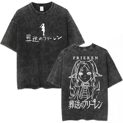 Anime Frieren: Beyond Journey's End Graphic Washed Vintage T-shirt Men's Women Fashion Short Sleeve Cotton Casual Loose T Shirts