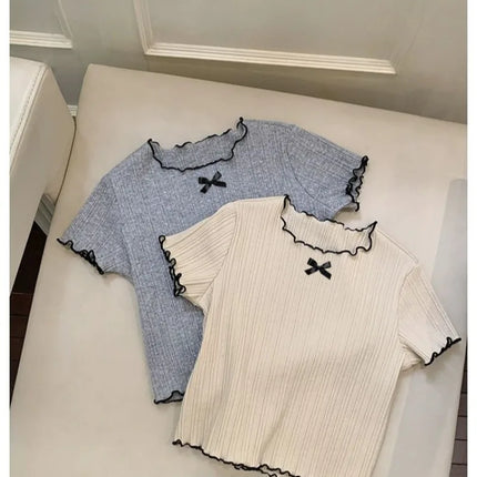 Girls' 1-12Y Korean-Style Knitted Lace-Trimmed Short-Sleeve Summer Ruched Tops: Trendy, Breathable, Bow Tie, Versatile Tee