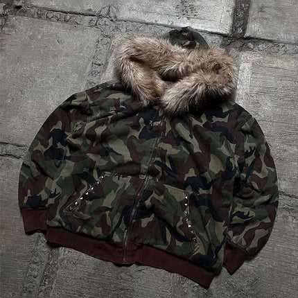 Winter Warm Camouflage Hoodie Women's Faux Fur Trim Zip-Up Sweatshirt Female  Oversized Streetwear Hooded Jacket 2026 New