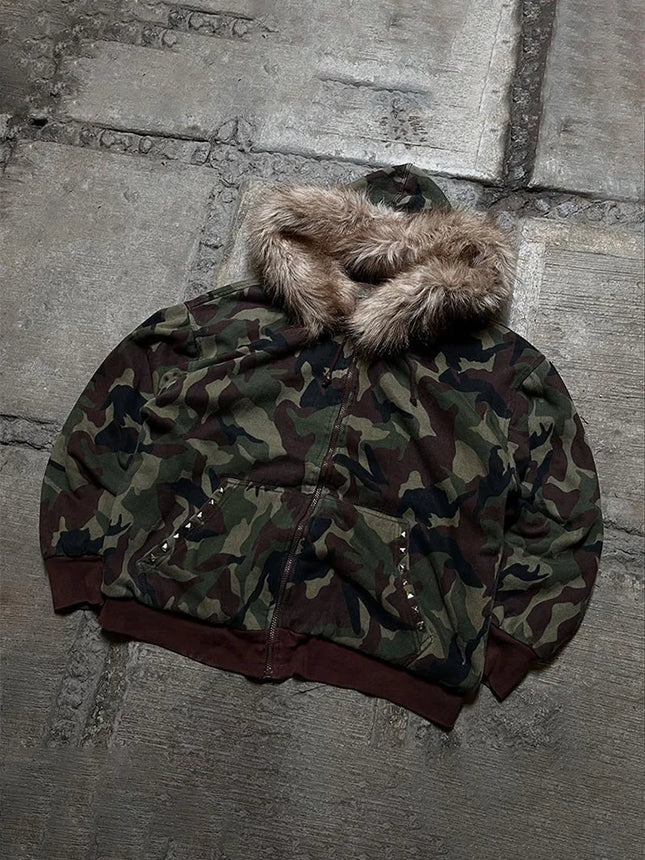 Winter Warm Camouflage Hoodie Women's Faux Fur Trim Zip-Up Sweatshirt Female  Oversized Streetwear Hooded Jacket 2026 New