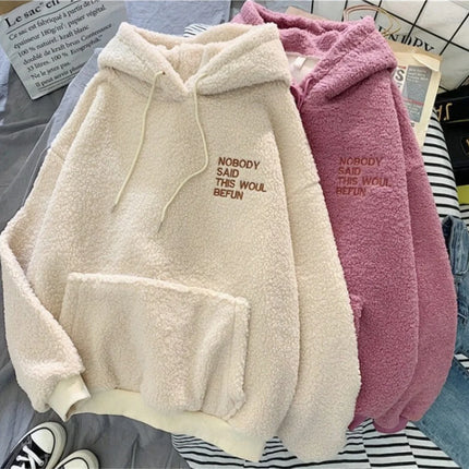 Autumn Winter Fashion Hooded Sweatshirt Women Korean Loose Solid Letter Tops Long Sleeve Warm Outfit Hoodie Lady Casual Street