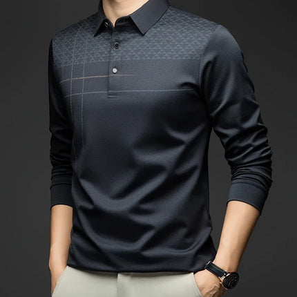Formal Polo Tshirts Men Graphic Design Long Sleeve Shirt Collar Office Work Polo Tops Man Clothing