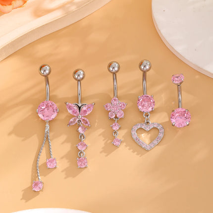 3-5pcs Mixed-Style Sets Heart Flower Dangle Belly Button Rings Stainless Steel Butterfly Curved Zircon Belly Piercing Navel Ring