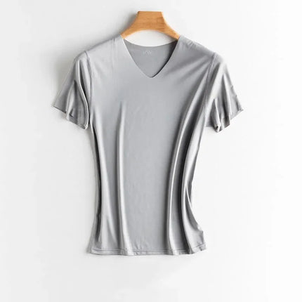 Summer Seamless Breathable Ice Silk T-Shirt Fashion Vest Men's Sports Short Sleeve T-shirt Ice Silk Solid Color V-neck Tees