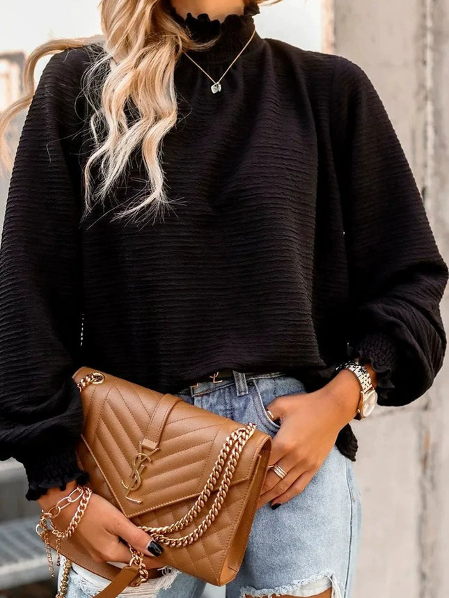 Elegant Autumn High Collar Patchwork Women Shirt Chic Blouse Long Sleeve Office Shirt Plain Casual Basic Regular Top Woman