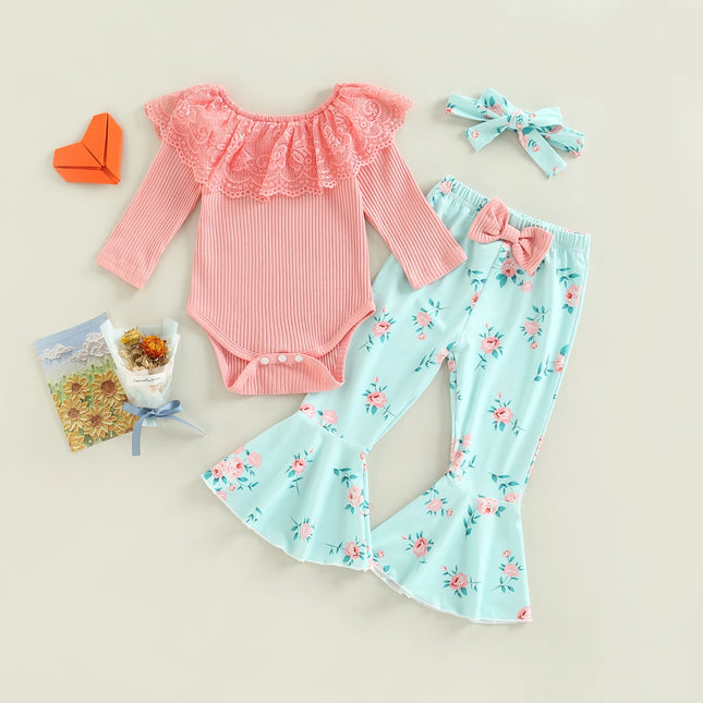 Infant Newborn Baby Girls 3 Pieces Outfit, Lace Ruffles Knitted Ribbed Romper + Leopard/Floral Print Flare Pants + Headband Set