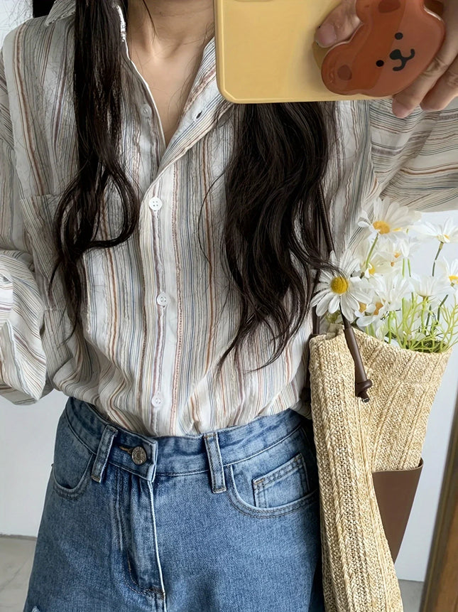 Women's laid-back retro pinstriped shirt, loose long-sleeved short-sleeved cardigan, sun-protective coat
