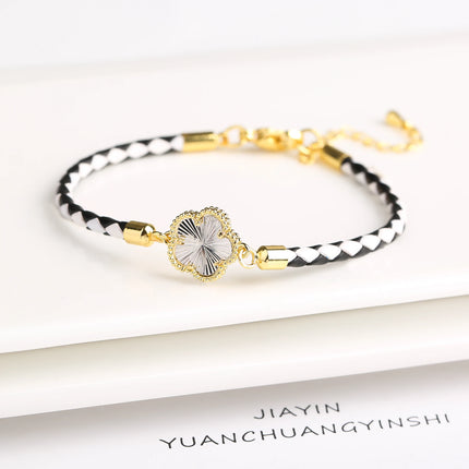 Classic Genuine Leather Woven Natural Stone Five Leaf Flower Charm Bracelet Fashion for Women Girls Party Wedding Jewelry Gift