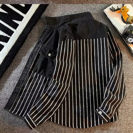 2024 New Spring and Autumn Youth Collection Commuting and Leisure Versatile Contrast Stripe Pocket Long Sleeved Men's Shirt Top