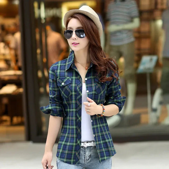 Slim Fit Plaid Long Sleeve Women's Shirt Qiang Yixuan Brand Autumn New Style Korean Version Cotton Button up Shirt