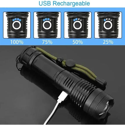 High Power LED Flashlight USB Rechargeable 5 Mode Aluminum Alloy Telescopic Zoom Torch Tactical Lamp for Outdoor Camping Fishing