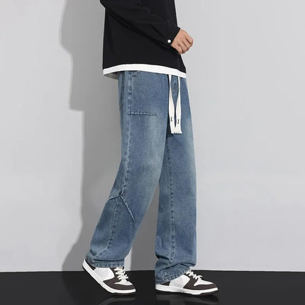 High Streetwear Casual Men's Drawstring Cotton Jeans Spring Autumn Straight Denim Pant Male Loose Breathable Full-Length Trouser