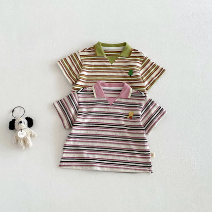 2026 Summer 6M-5Y Korean Style Childrens Clothes Contracting Color Stripe Girls Shirt Cartoon Embroidery Polo Shirt