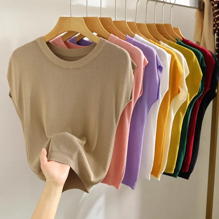 Ice Silk Knitted Top Women's Summer Thin Shoulder Drop Round Neck Short Sleeve T-shirt Pure Color Commute Style Outerwear