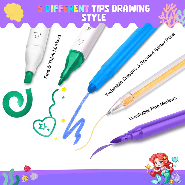 70PCS Mermaid Washable Markers Set with Glitter Pencil Case Colored Pens Wax Crayons Kit For Drawing Art Supplies For Kids Gifts