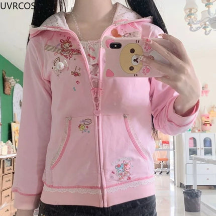 Pink Japanese Y2k Cute Hoodies Coat Women Autumn Kawaii Long Sleeves Cartoon Pattern Ear Anime Hoodie E-girls Sweet Sweatshirt
