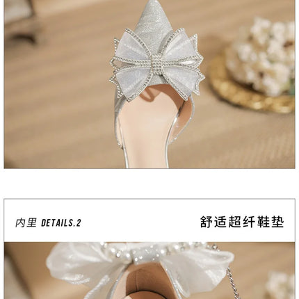 Spring Pointed Toe Party Wedding Shoes for Women, Bride Bow Thick Heel Silver Sequin Fairy Lolita Style Single Shoes