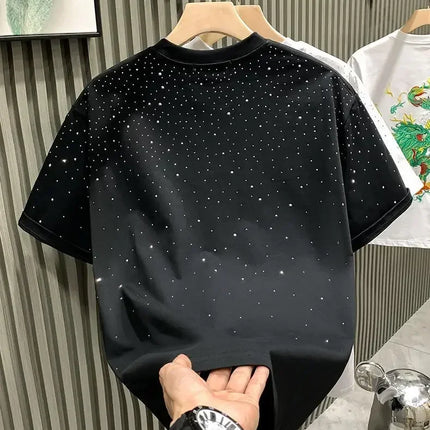 Summer Rhinestone Rivet T-shirt for Men Clothing Round Neck Casual T-shirt Fashion High Street 2025 Men's Summer Short Sleeves