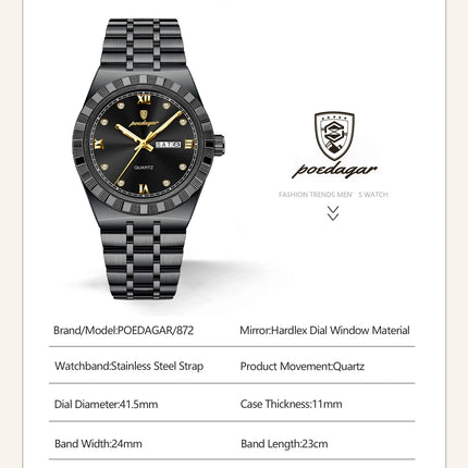 POEDAGAR Business Men's Watches Waterproof Luminous Week Date Fashion Men's Wristwatch Stainless Steel Quartz Watch For Men Reloj