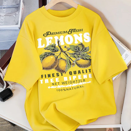 Lemons Fruits Premium Fresh Printing T Shirt Woman Loose Cotton Sportswear O-Neck Casual T Shirts Loose All-Match Short Sleeve