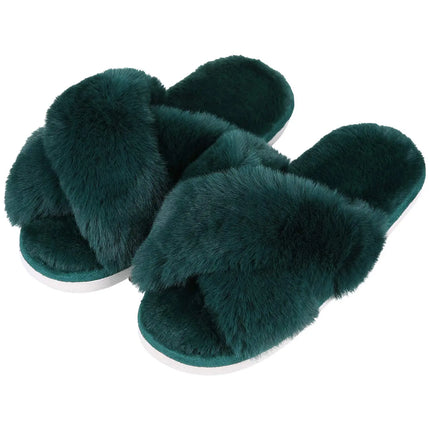 Evshine Women Fuzzy Slippers Fashion Cross Band Memory Foam House Slippers Indoor Outdoor Open Toe Plush Slides Casual Flat Shoe