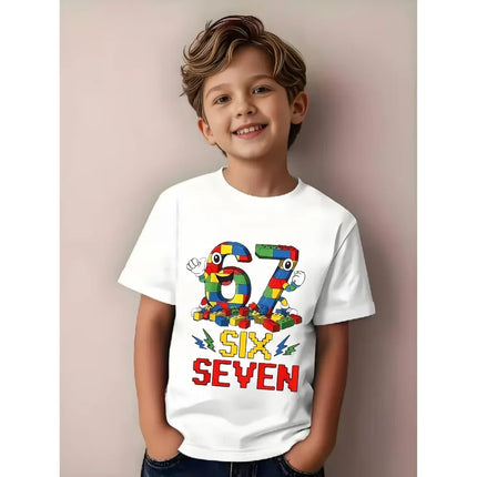 Summer Building Blocks 67 Six Seven Number Print Children's Short Sleeved Shirt Kid Fashion Cotton T-shirt Girl Tee Tops Clothes