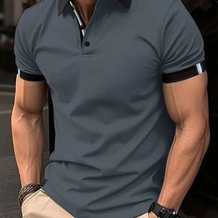 Summer Men's Button Polo Shirt Color Blocked Short Sleeve Collar T-shirt Casual Fit Top Men's Wear
