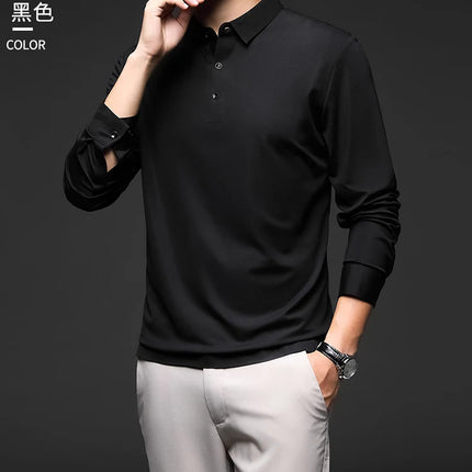 Minglu Mulberry Silk Men's Polo Shirts Luxury Long Sleeve Solid Color Golf Male T-shirts Spring Autumn Business Casual Man Tees