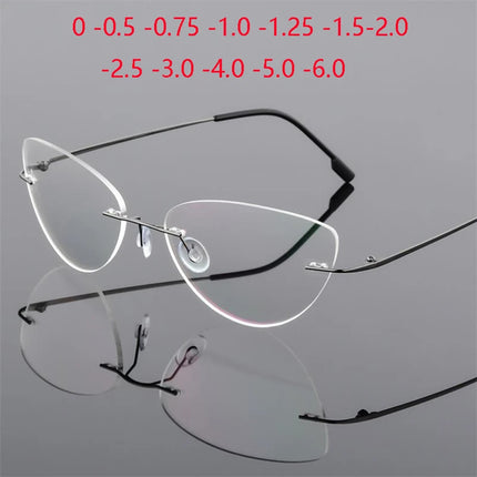 1.61 index Lens Frameless Cat Eye Myopia Eyeglasses Ultralight Rimless Blue Light Blocking Prescription Glasses -0.5 -0.75 to -6