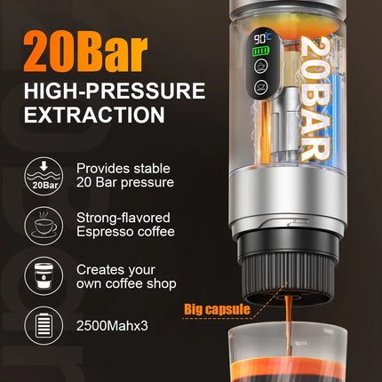 DENOKIN 3-in-1 Portable Espresso Coffee Machine With Digital Display Removable Battery for Car & Home Camping Coffee Maker