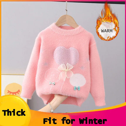Chic New Autumn Winter Thick Pullover Sweaters Girls Knit Lace Butterfly-knot Sweaters Children Clothing Girls Sweater FY11292