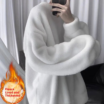 Warm Fleece Lined Hoodie Winter Clothes Lazy Style Lamb Fur Men's Loose Casual Youth Popular round Neck  Color Sweatshirt