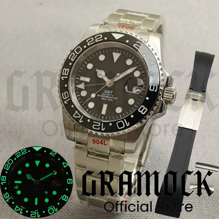 40mm GMT Men's Watch Ceramic Bezel Sapphire Glass Luminous Dial 10Bar Waterproof Sapphire Glass Stainless Steel Glideclas