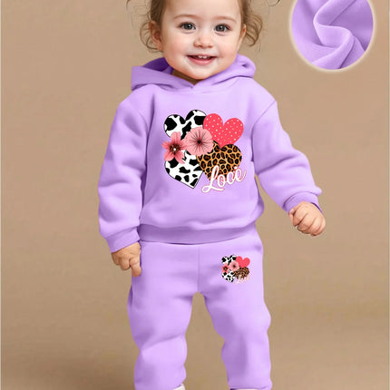 Baby Girl Love Love Flower Pattern Hoodie+Casual Pants Two Piece Set Spring and Autumn Sportswear