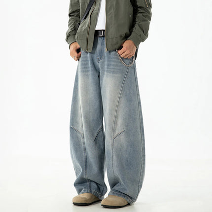 Autumn Retro Structured Split Washed Distressed Curved Jeans with Men's Silhouette Loose Straight Leg Pants Trendy Street Style