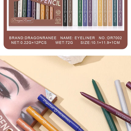 12pcs/box Black Gold Eyeliner Pencil Set Long-Lasting Waterproof Pigment Green Purple Eye Liner Pen Women Colorful Eye Cosmetics