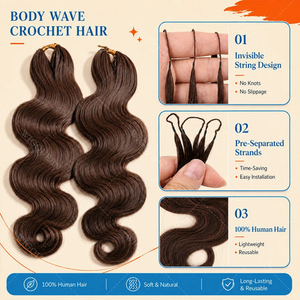 Lightweight Knotless Body Wave Miracle Knots Feather Crochet Bundles 100% Human Hair For Boho Braid #4 Chocolate Brown Bulk Hair