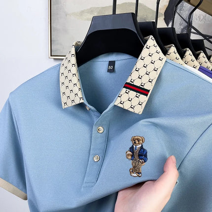 Summer Men's High Quality Cotton Polo Shirt Fashion Brand Design Teddy Bear Embroidery Golf Mulberry Silk Business T-shirt