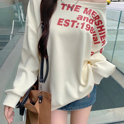 Sexy Oversized T-shirt Women Streetwear Letter Print Skew Collar Off Shoulder Long Sleeve Basic Top Korean Fashion Loose T-shirt
