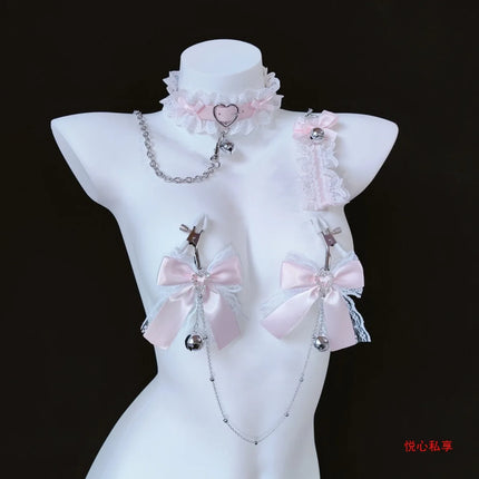 Women Butterfly Knot Bell Nipple Clip Cute Clamp Pink Collar with Traction Sexy Accessory Chest Chain Restraint Adult Sex Toys