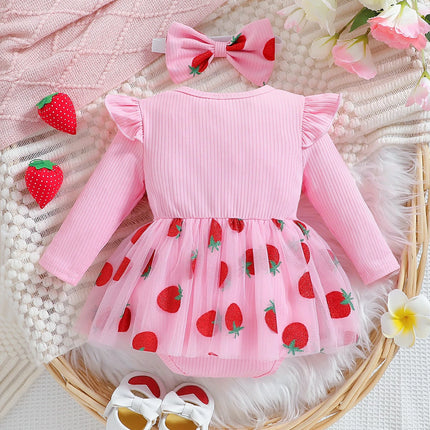 Baby girl autumn princess chiffon skirt strawberry print flying sleeves big bow design for birthday party wear