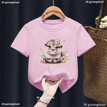 Harajuku Kawaii Kids Clothes Funny Otter Love Flowers Animal Printed T-shirt Girls/Boys Summer Fashion T-shirt Tops
