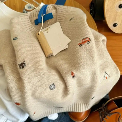 Korean Style Children's Sweater Cartoon Embroidery Knitted Sweater Autumn Winter Girls Versatile Pullover Tops Bottoming Shirt
