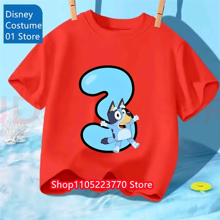 Kids Bluey 2-4 Birthday Number T-Shirt Autumn Winter Cartoon Printed Short Sleeve Tee for Boys Girls