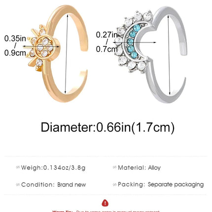 FTCY Adjustable Sparkling Moon Sun Star Ring for Women Couple Elegant Finger Ring Wedding Party Jewelry Gifts Accessories