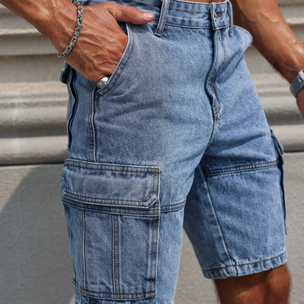 Men's Summer Blue Regular Denim Shorts. Multi-Pocket Design. Stylish and Casual.