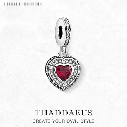 Heart With Red Stone Charm Vintage Sterling Silver 925 Fashion Jewelry Women Eternal Love Gift