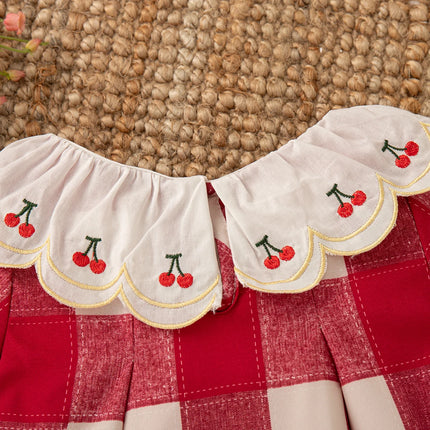 9 Months -4 Years Old Summer New Plaid Short Sleeved Baby Girl Dress, Red Cherry Petal Lapel Children'S Clothing