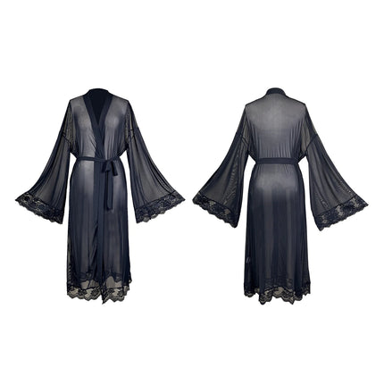 Sexy See-through Mesh Nightgown For Home Leisure Lace-up Cardigan Thin Bathrobe For Women Solid Color Dress Elegant M9ET
